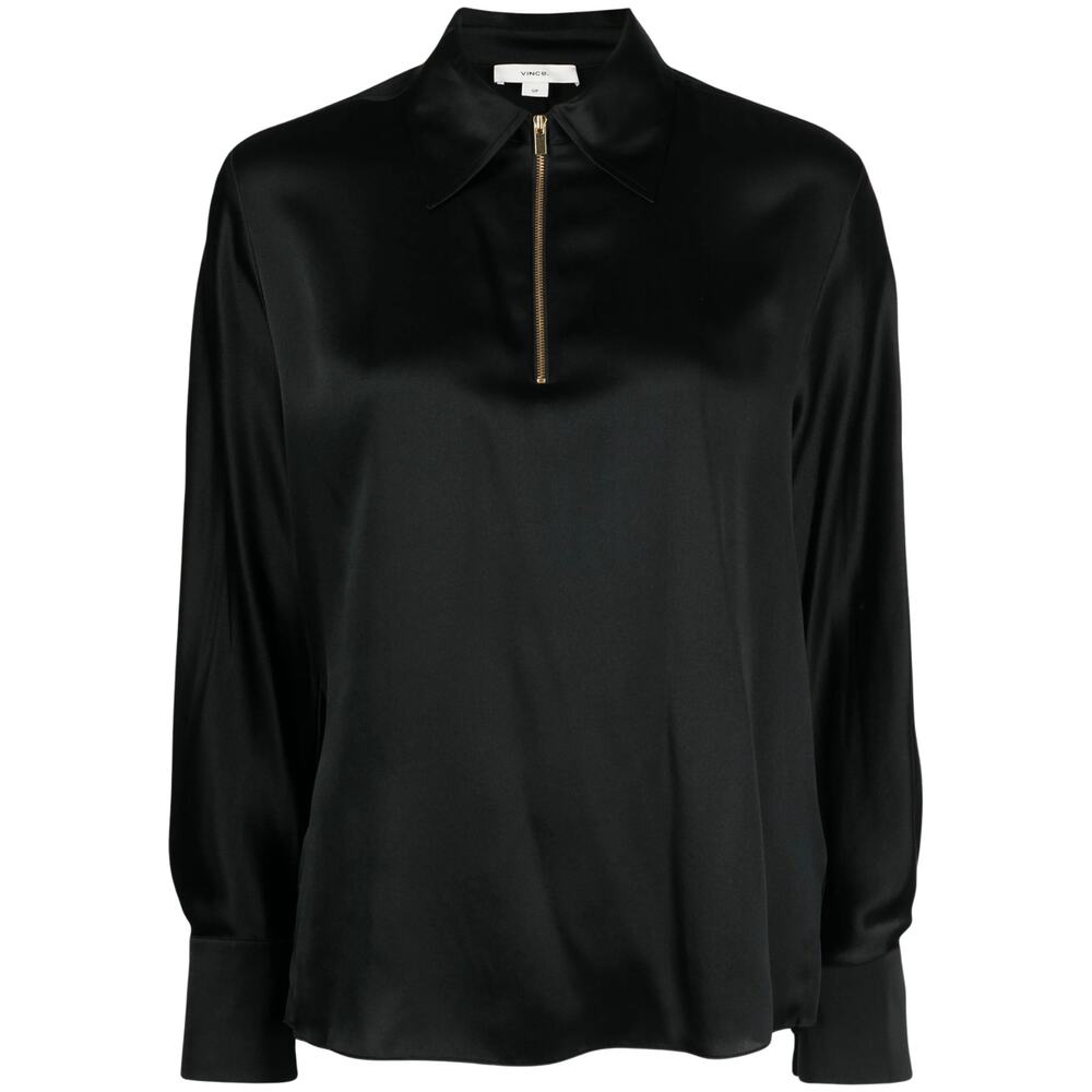 Vince Silk Blouse Black Long Sleeve Collared Polo Gold Zipper Size Medium